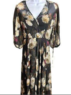 Calvin Klein Black Floral V-Neck Maxi Dress with Puff Sleeves